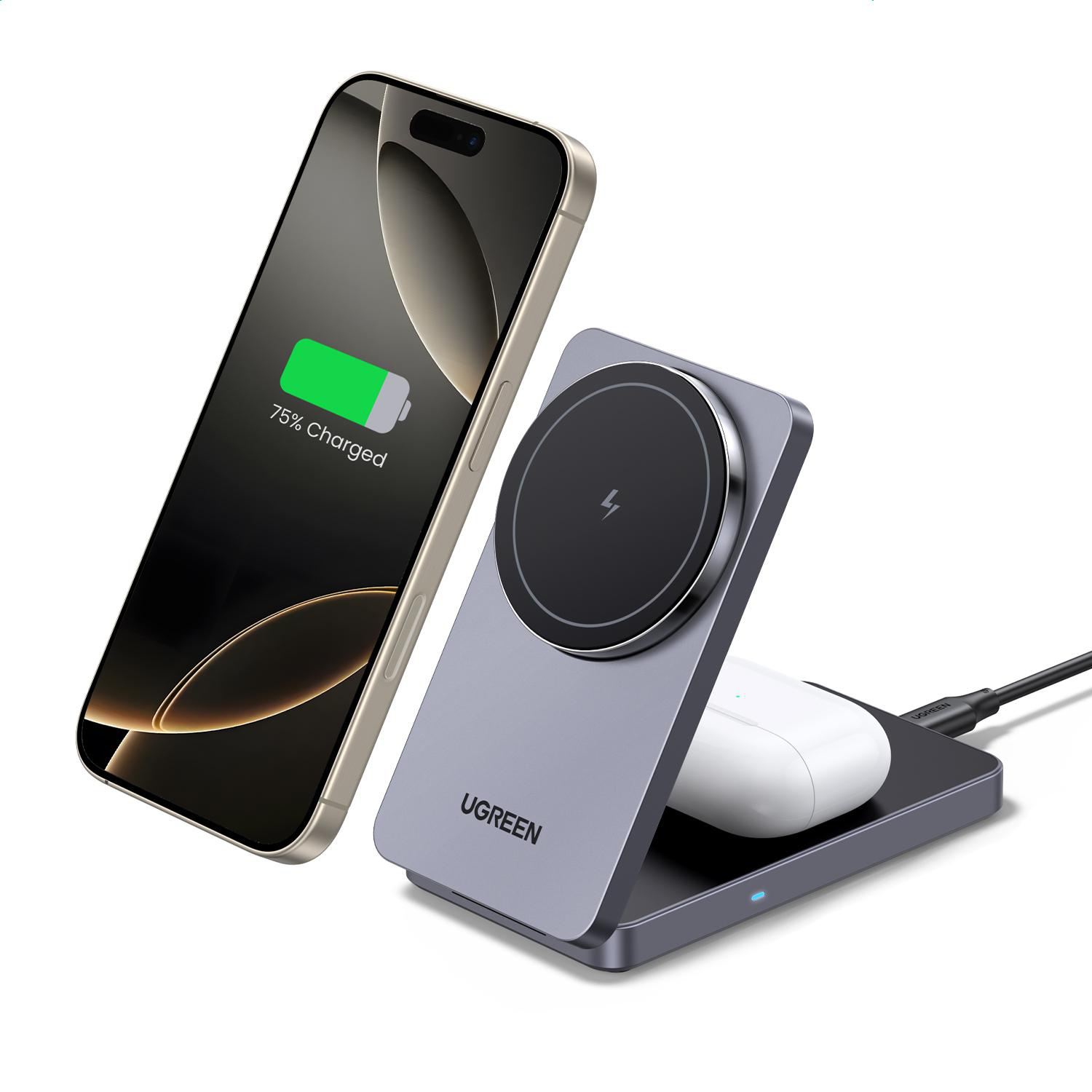 Eine kabellose Ladestation mit einem Telefon und Ohrhörern, die geladen werden.