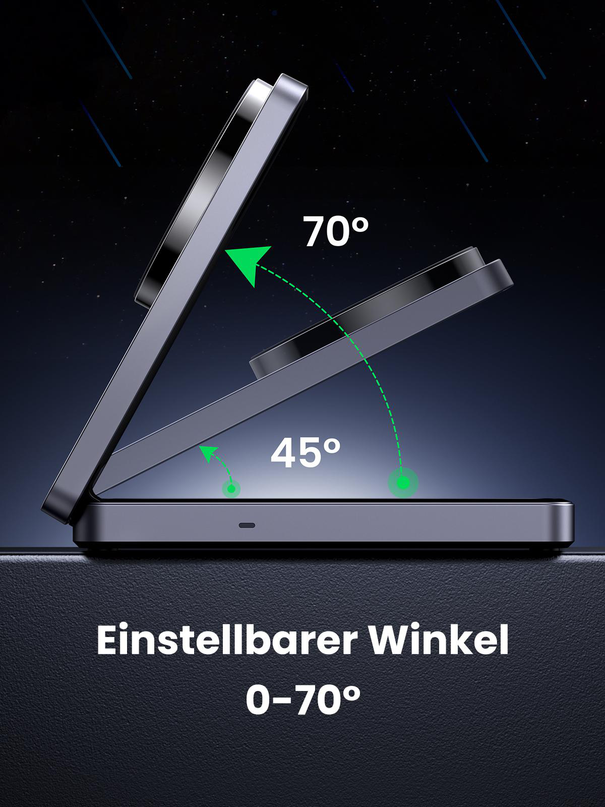 Telefonständer mit einstellbarem Winkel. Der Ständer kann von 0 bis 70 Grad eingestellt werden. Dunkler Hintergrund.