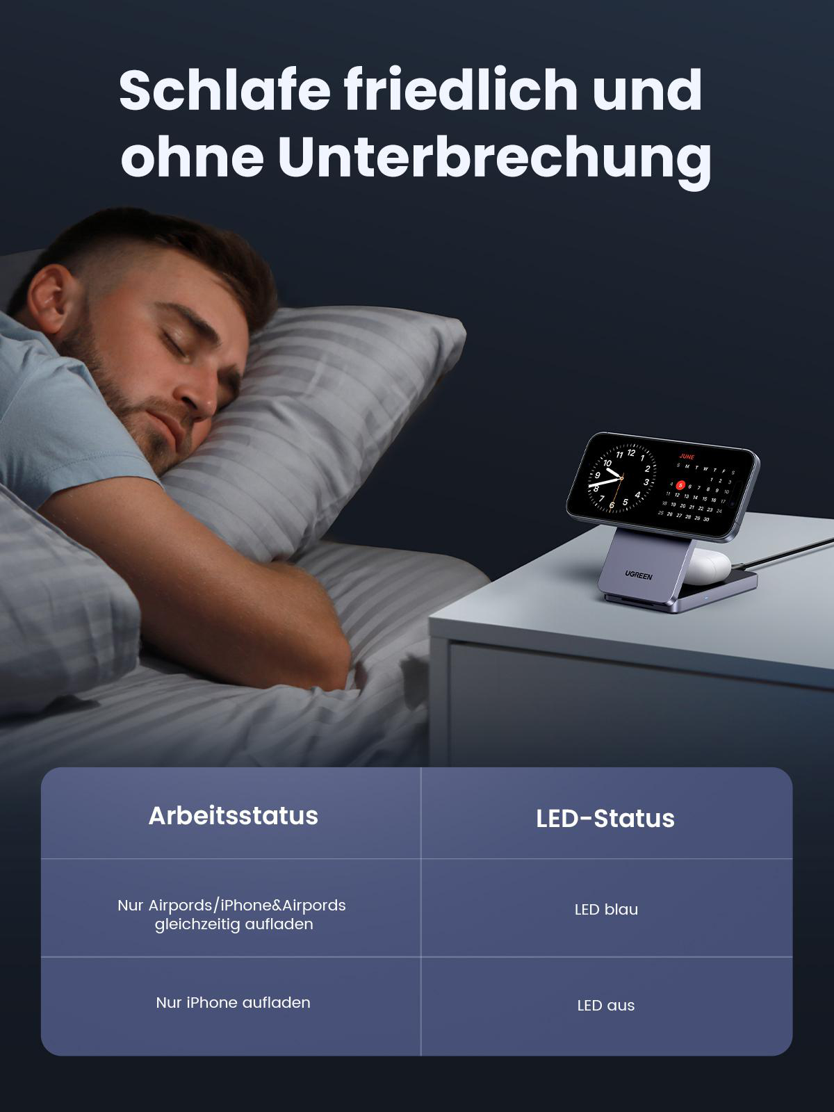 Mann schläft neben einer Ladestation mit Smartphone und Ohrhörern.