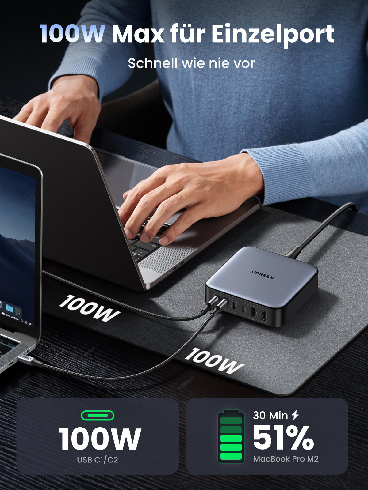 Person verwendet Laptop, verbunden mit USB-Hub, zeigt Ladeinformationen mit Logos an.