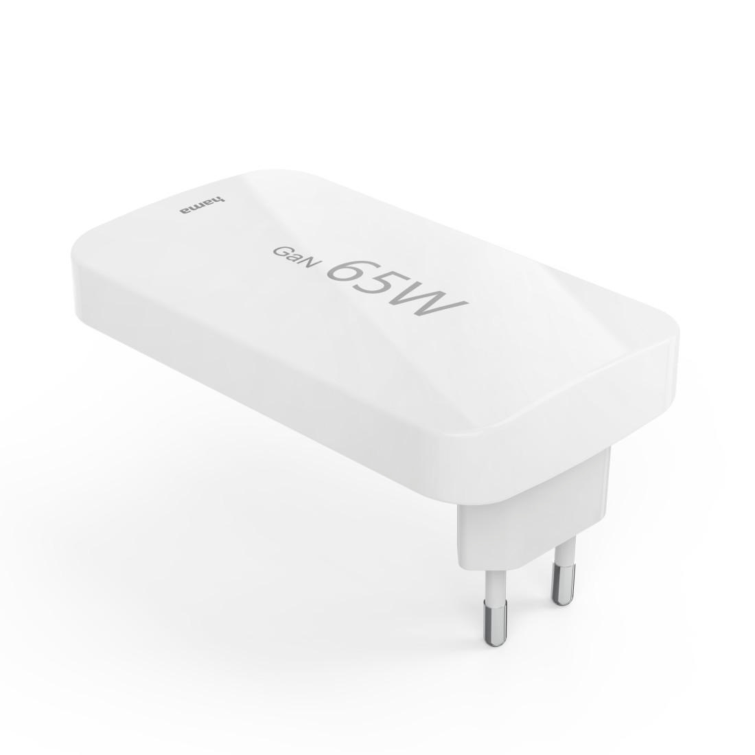 Ein weißes 65W GaN-Ladegerät mit zwei Stiften, auf Weiß.