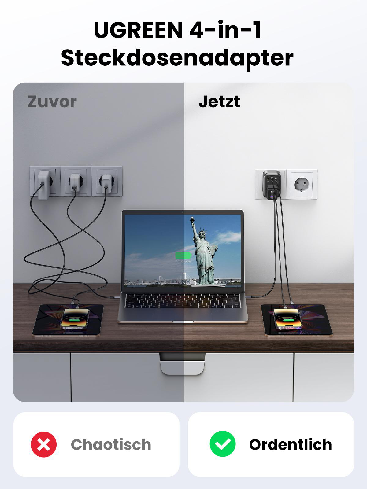 Ein Vorher-Nachher-Vergleich eines Schreibtisches, der einen UGREEN 4-in-1-Adapter zeigt.