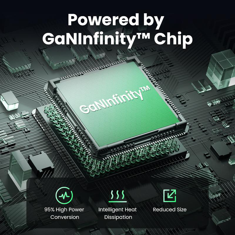 Nahaufnahme einer Leiterplatte mit einem GaNInfinity-Chip und beschrifteten Funktionen.