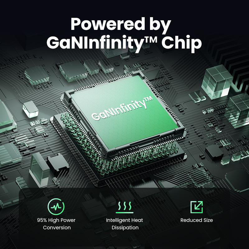 Ein Bild zeigt einen grünen Chip mit Text: Powered by GaNInfinity™ Chip.