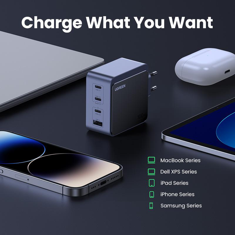 UGREEN-Ladegerät mit mehreren Anschlüssen, das einen Laptop, ein Telefon, ein iPad und AirPods lädt.