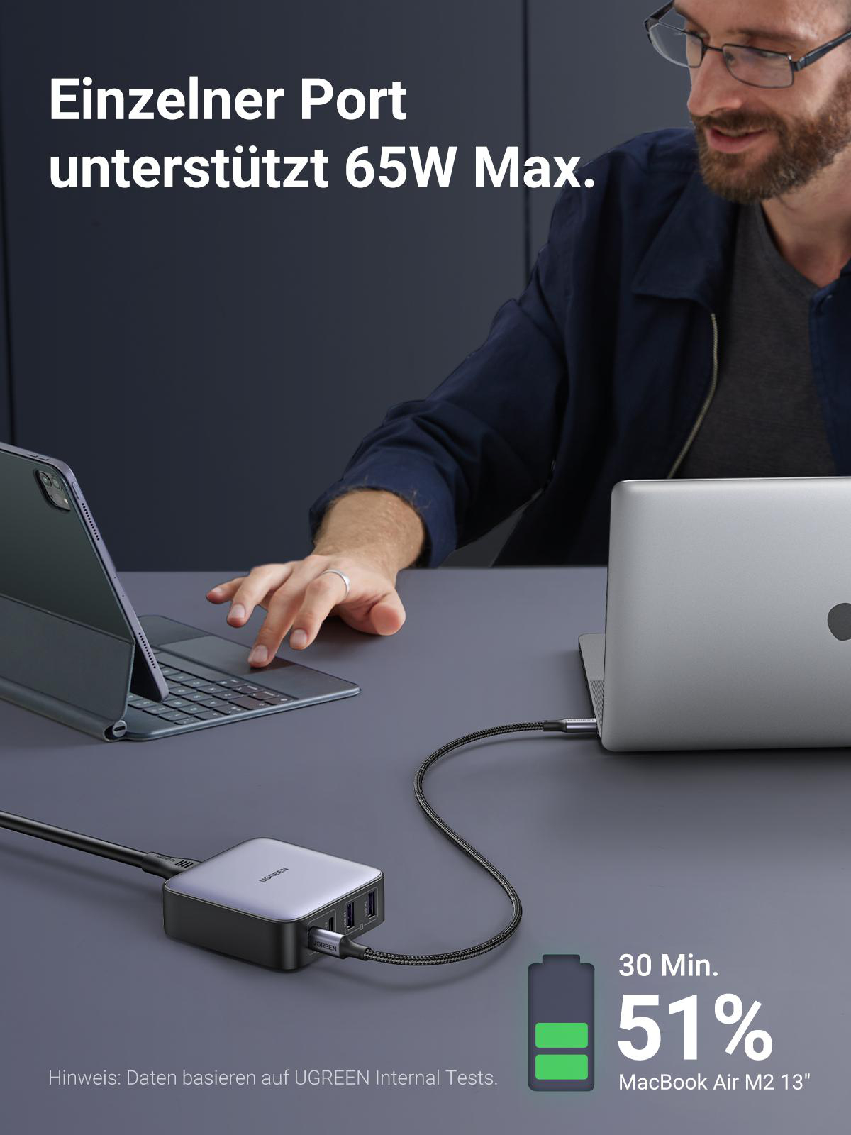 Ein Mann benutzt einen Laptop. Das Ladegerät lädt einen Laptop und ein iPad auf.