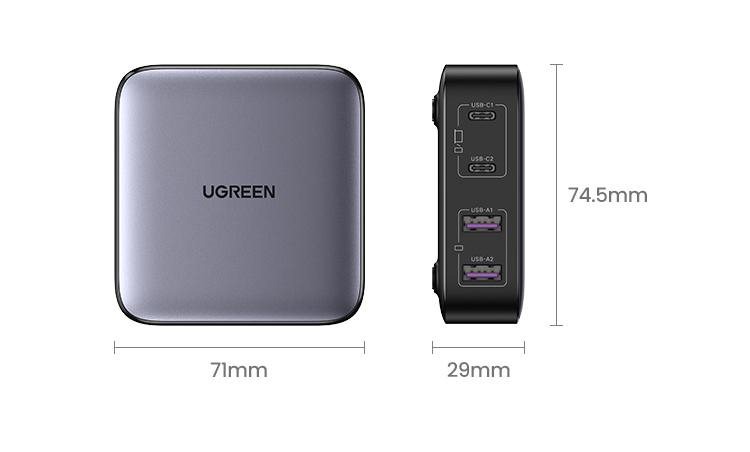 Produktaufnahme eines Ladegeräts mit den Abmessungen: 71 mm x 29 mm x 74,5 mm. UGREEN-Logo.