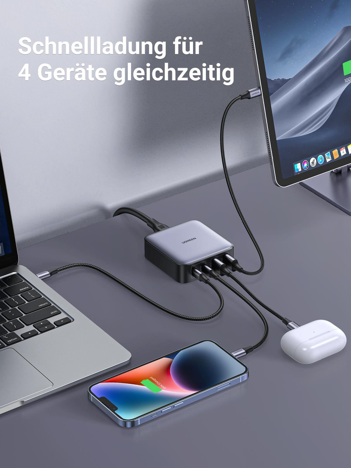 UGREEN-Ladegerät lädt mehrere Geräte auf: Laptop, Telefon, iPad und AirPods.