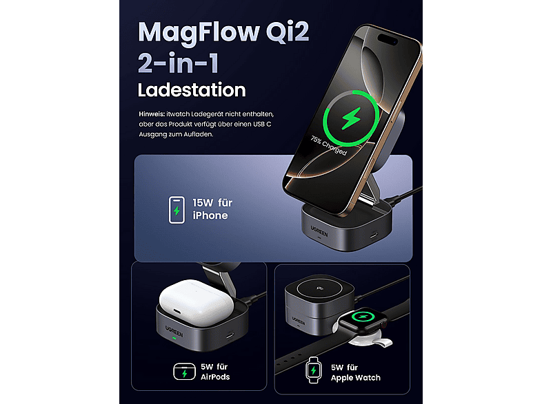 Thumbnail - UGREEN 2-in-1 Magnetischer Wireless Charger Apple, Samsung, Huawei, Xiaomi, Lenovo, etc, Dark Gray