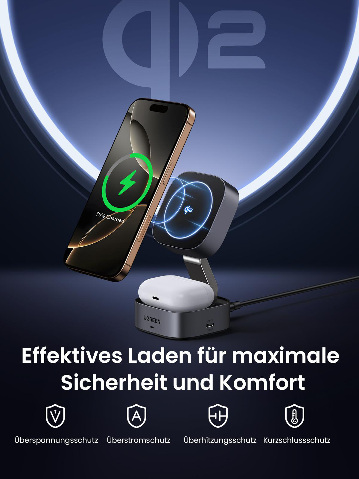 Kabelloses Ladegerät mit Telefon und Ohrhörern. Telefon zeigt Ladestatus an. Blauer Lichteffekt.