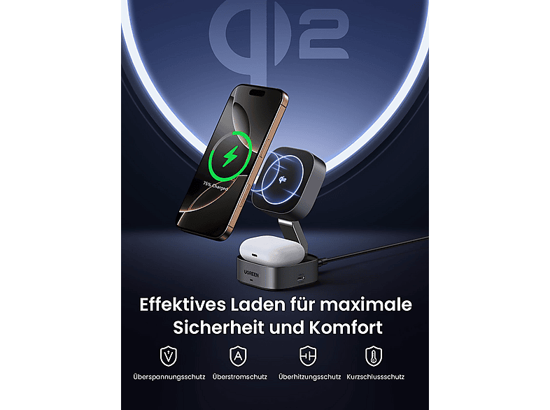 UGREEN 2-in-1 Magnetischer Wireless Charger Apple, Samsung, Huawei, Xiaomi, Lenovo, etc, Dark Gray