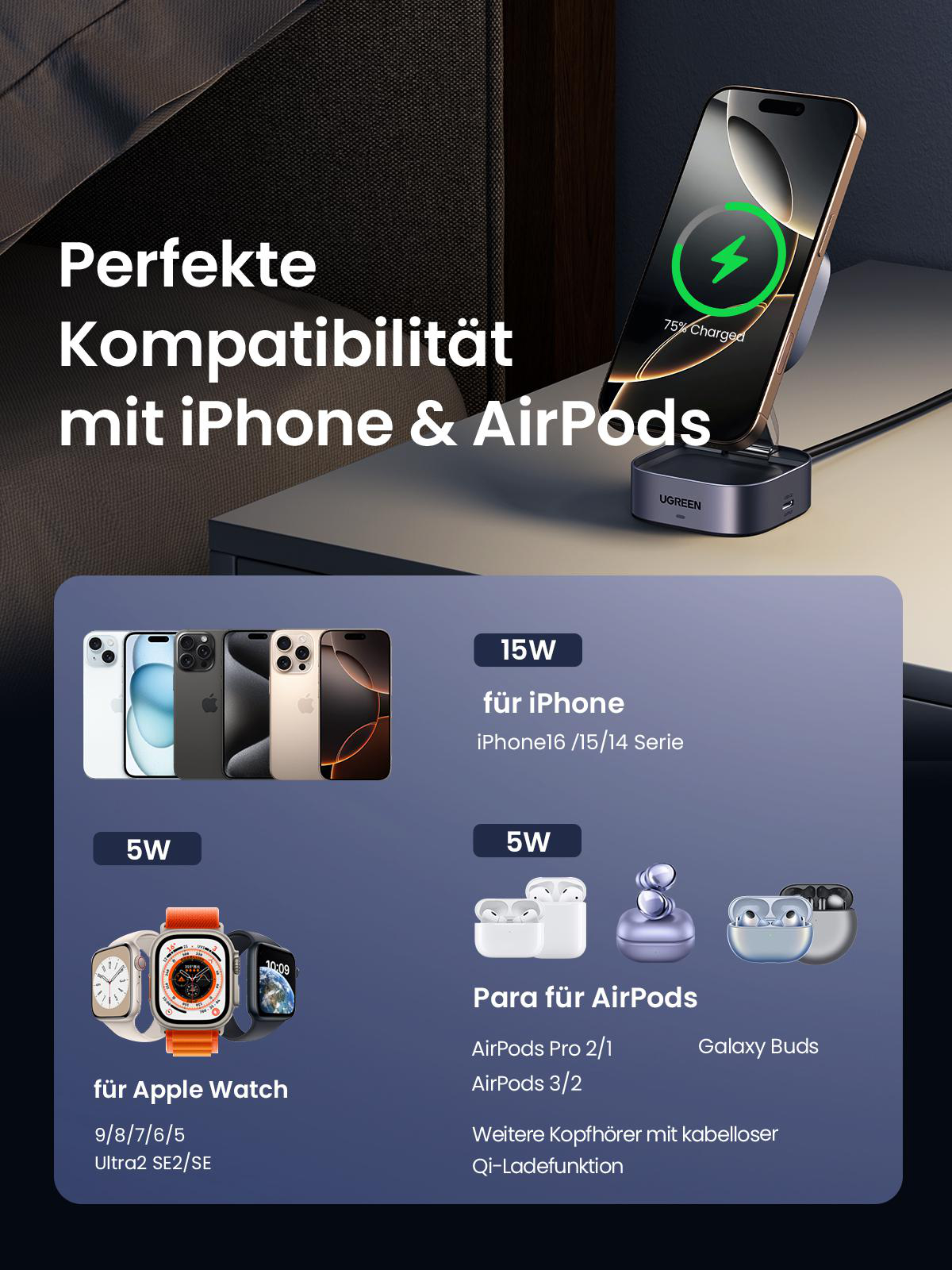 Ladestation mit iPhone, AirPods und Apple Watch, kabelloses Laden.