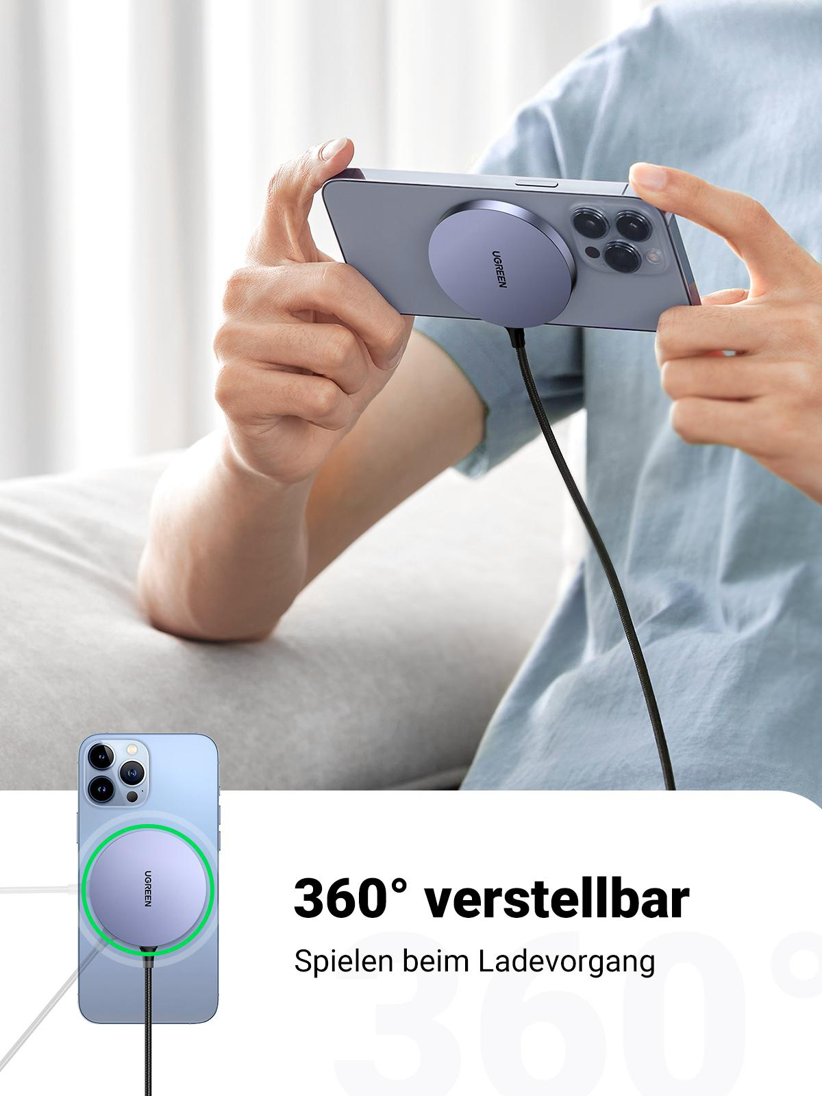 Person hält Telefon, das mit einem lila magnetischen Ladegerät geladen wird.