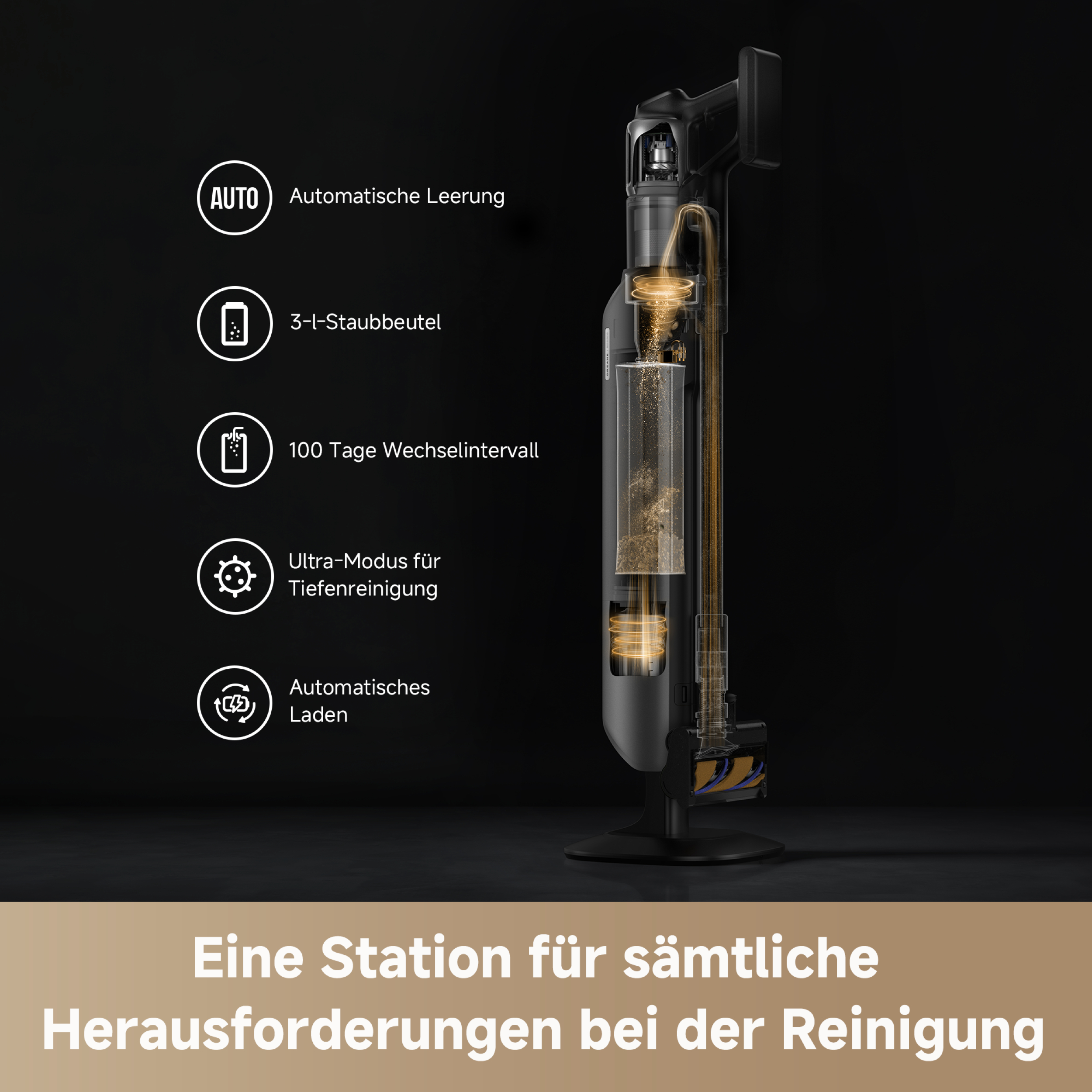 Schnittdiagramm eines Dreame-Staubsaugers, mit Text auf Deutsch.