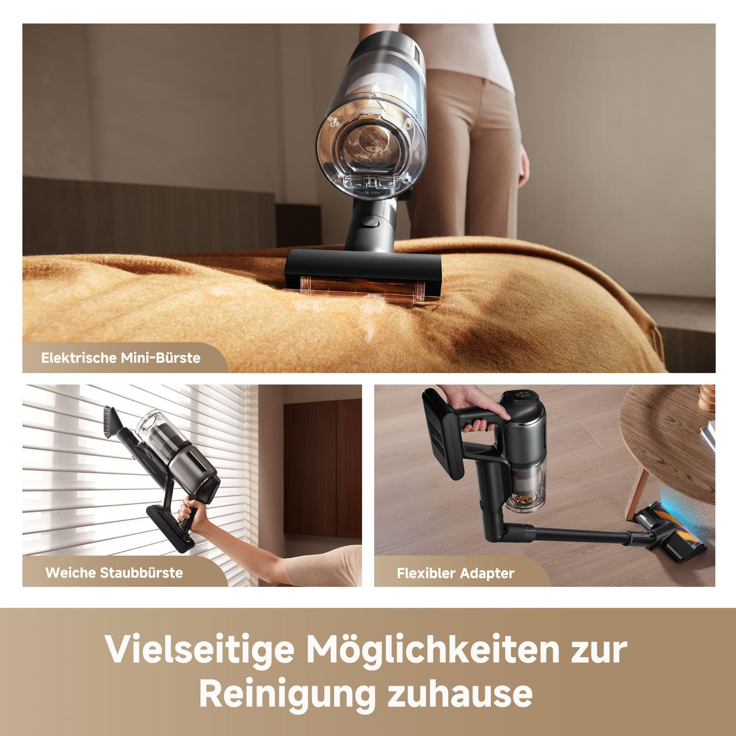 Staubsauger mit verschiedenen Aufsätzen und zugehörigem Text.