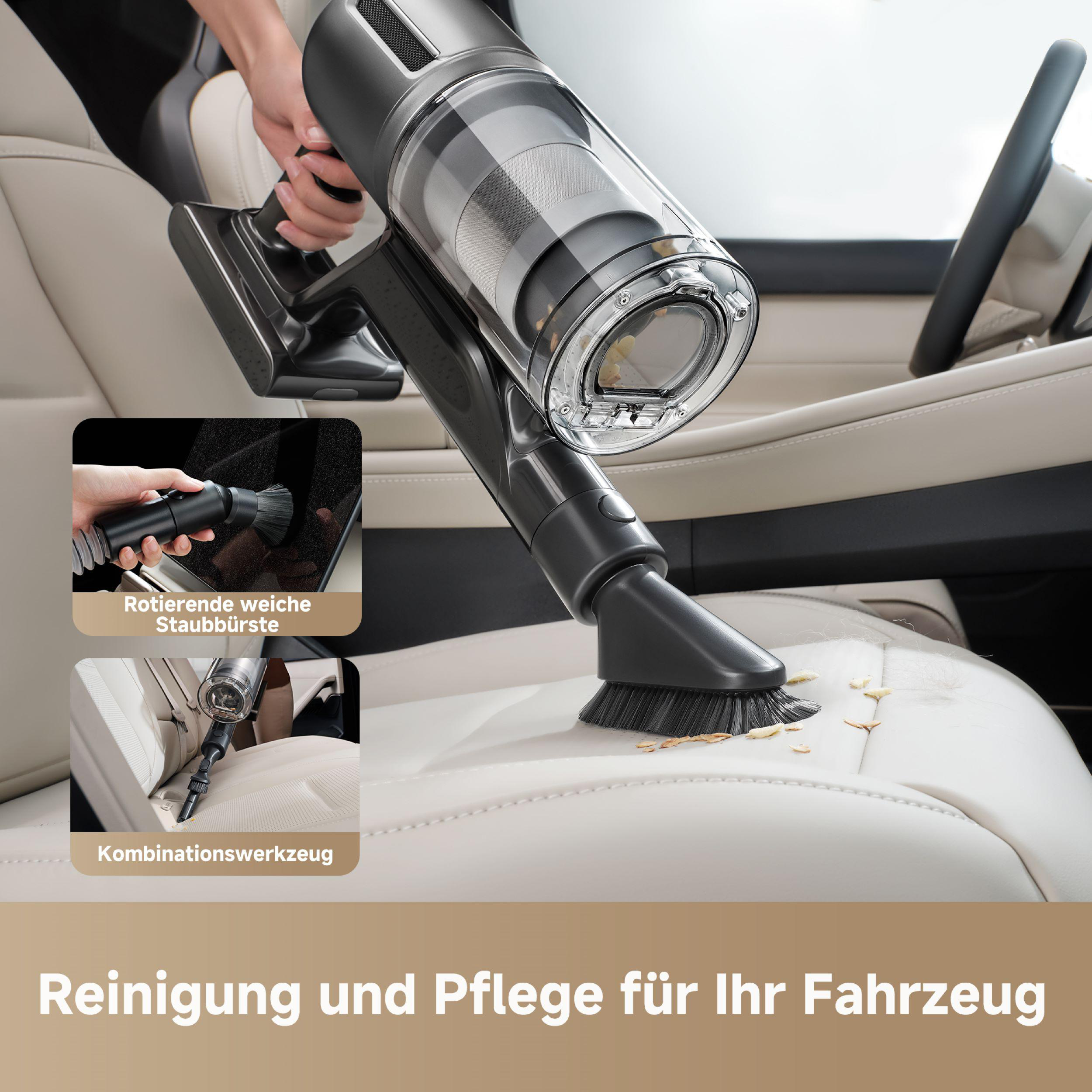 Ein kabelloser Staubsauger wird auf einem Autositz benutzt.