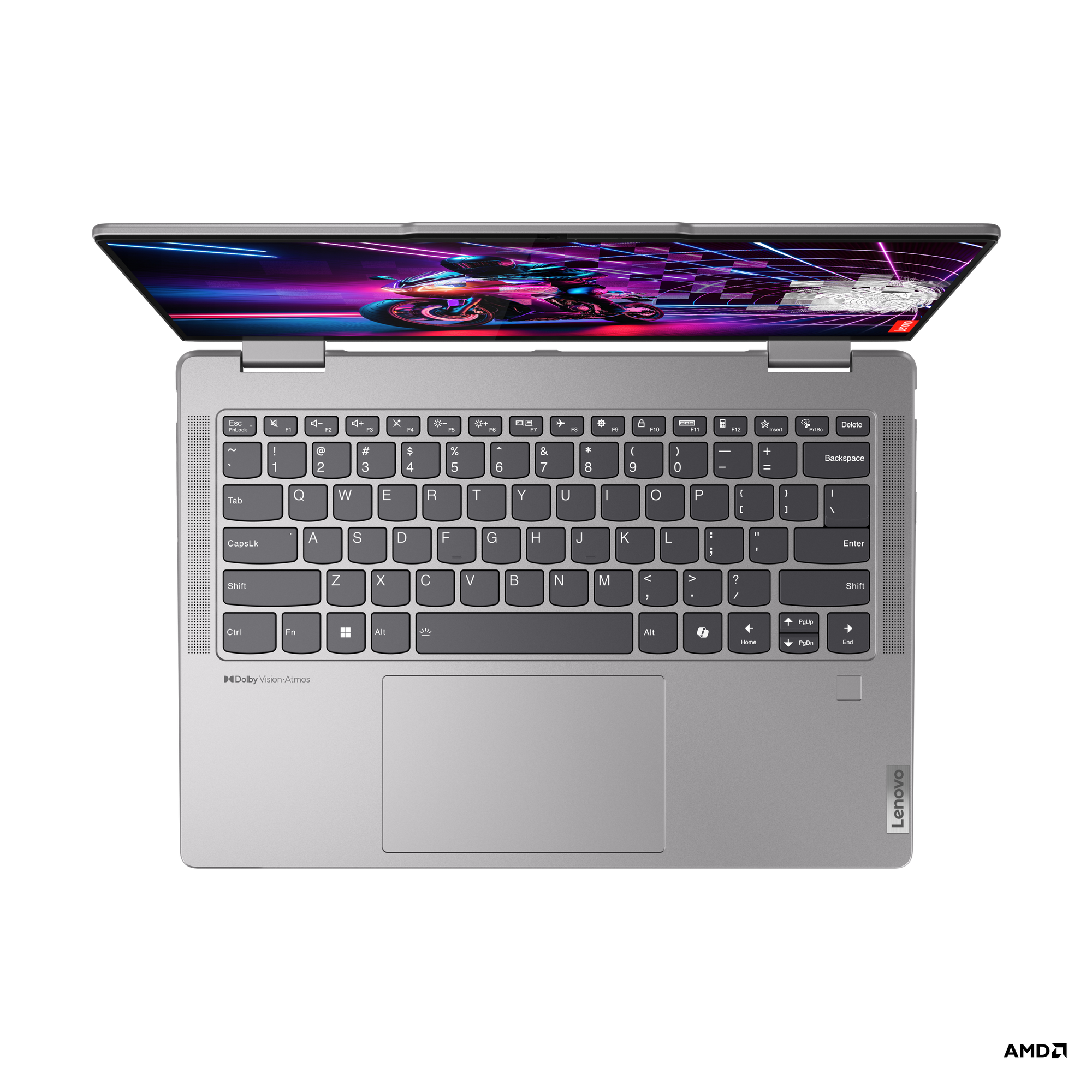 Gümüş Lenovo Yoga dizüstü bilgisayar, açık, üstten görünüm, klavyeyi gösteriyor, ekran renkli grafikler gösteriyor.