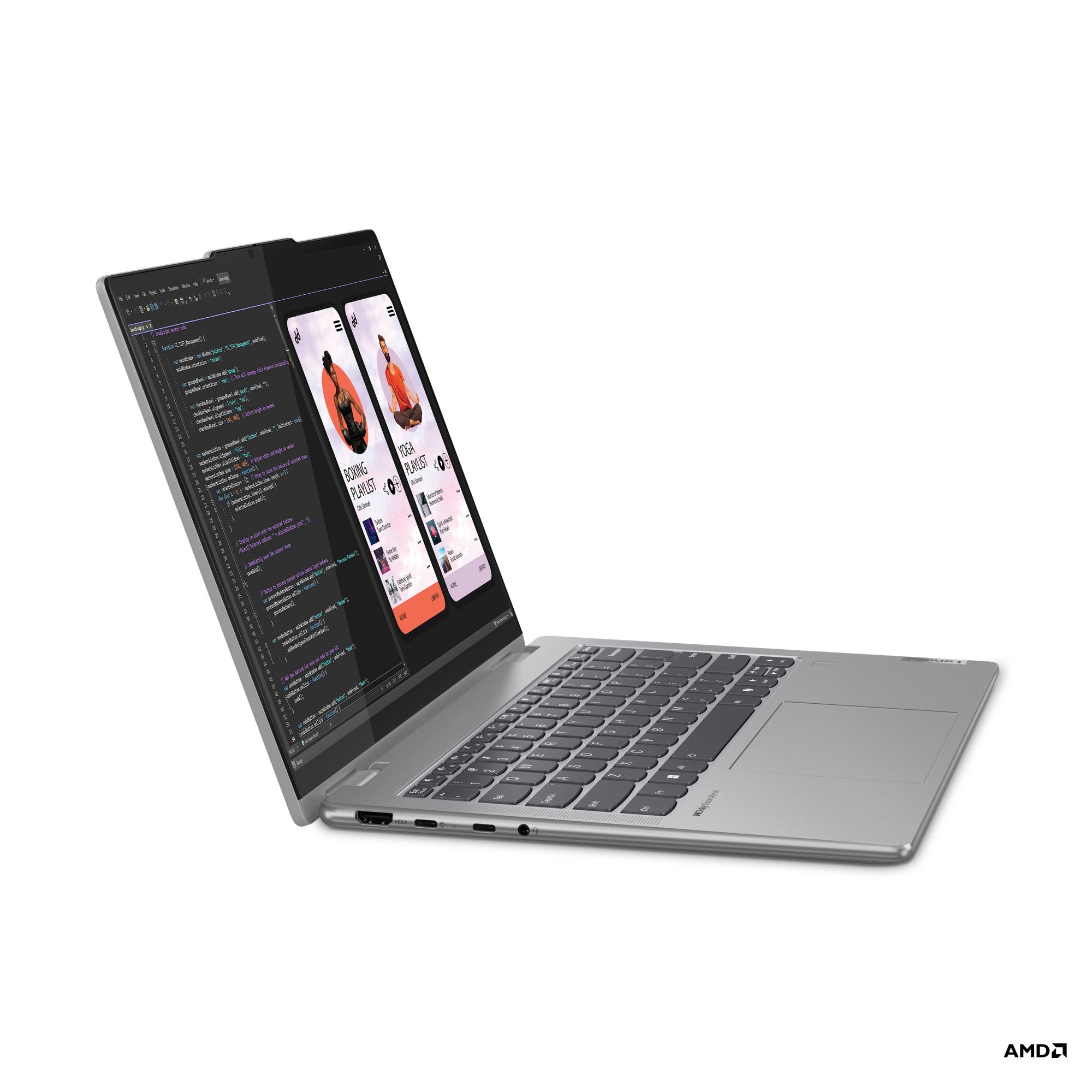Gümüş Lenovo Yoga dizüstü bilgisayar, açık, yan görünüm, klavyeyi ve bir kodlama arayüzü görüntüleyen ekranı gösteriyor.
