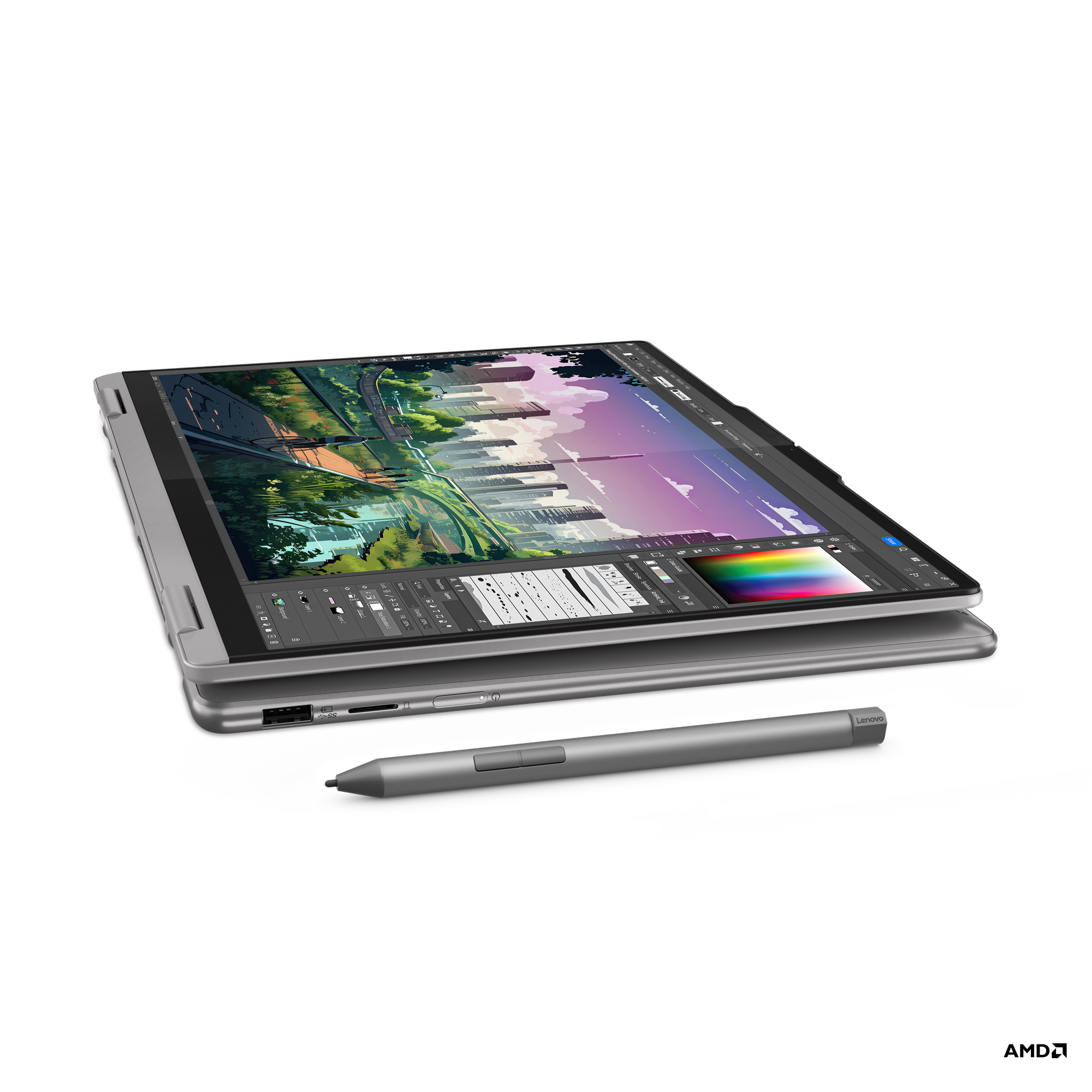 Dijital sanat gösteren, açık bir tablet ve kalem. Kalem tabletin altında.