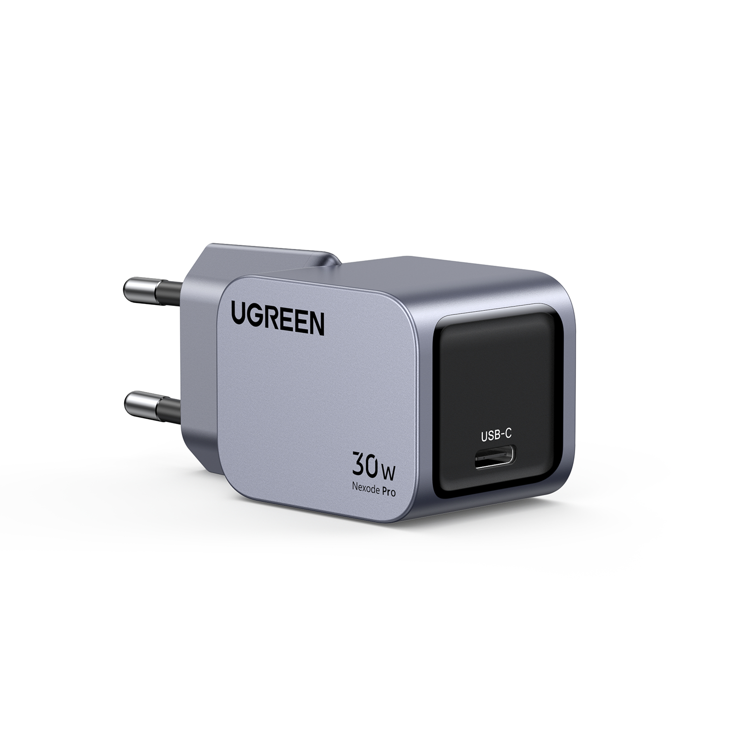 Silbernes und schwarzes Ladegerät mit USB-C-Anschluss, auf weißer Oberfläche.