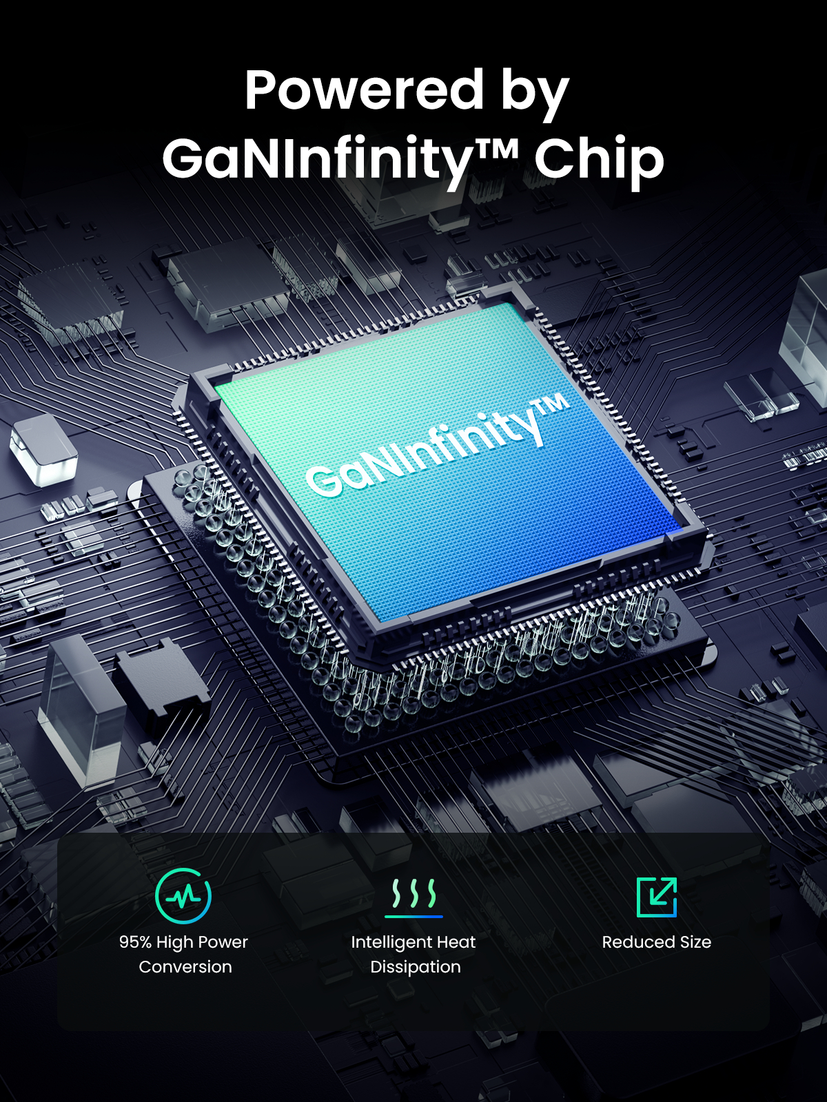 Nahaufnahme einer Leiterplatte mit dem Text 'GaNinfinity™ Chip'.