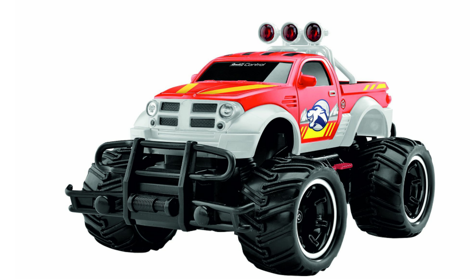 Roter und weißer Spielzeug-Monster-Truck mit großen Reifen und Lichtern oben.