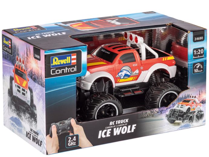 Ein roter und weißer Spielzeug-Truck in einer Box. Der Truck hat ein Logo und eine Fernbedienung.