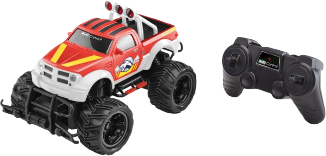Rotes und weißes Monstertruck-Spielzeug mit Fernbedienung.