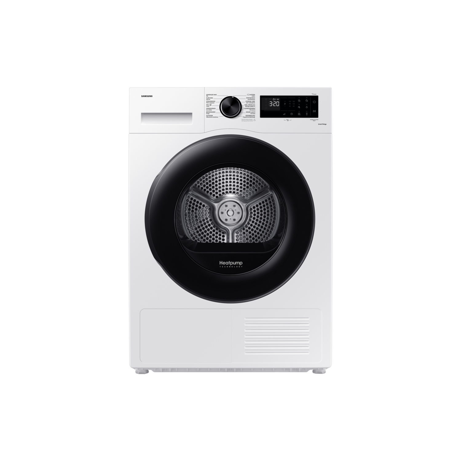 Sèche-linge Samsung blanc avec porte noire et logo Heatpump, fond noir.