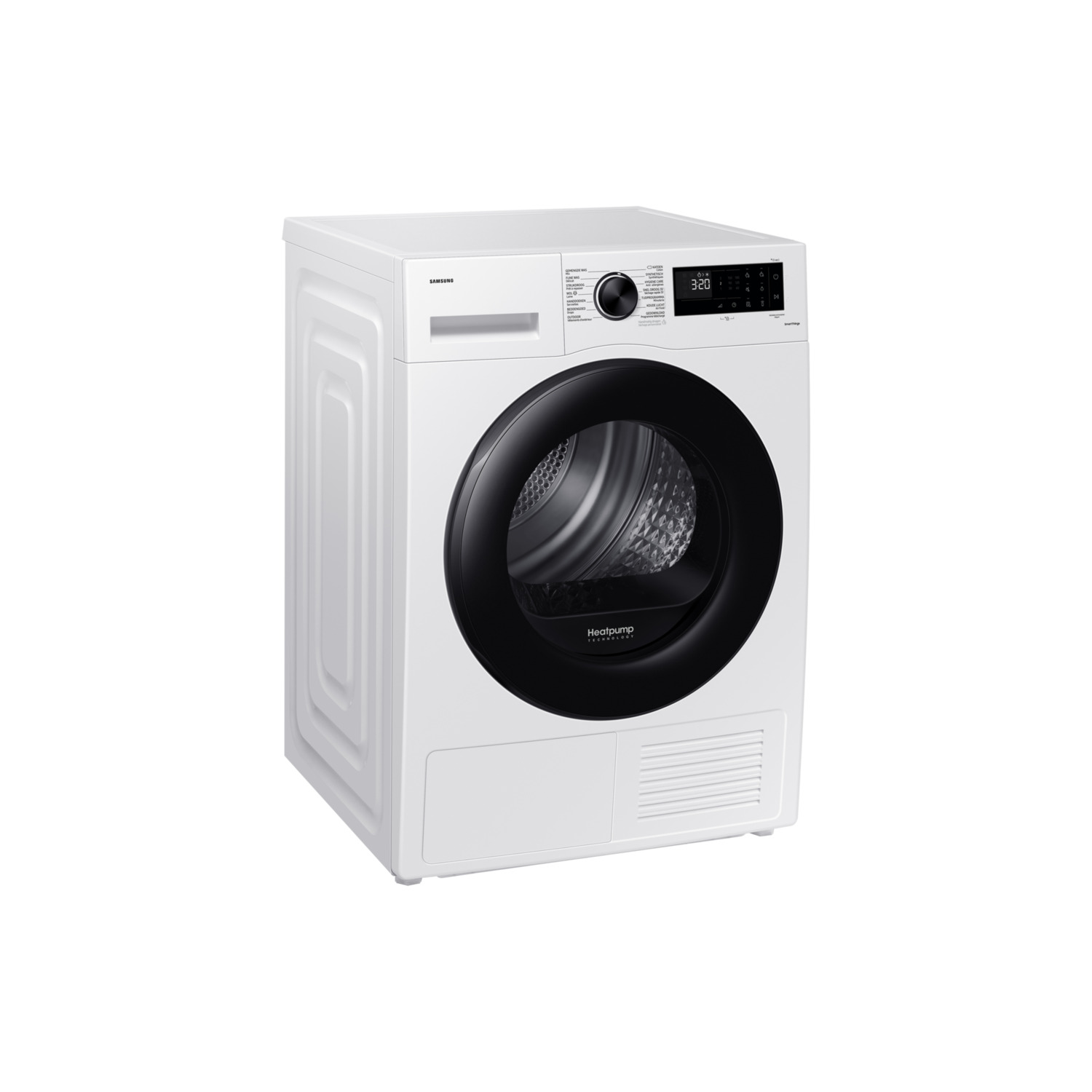Un sèche-linge Samsung blanc, vue de face, avec porte noire et panneau de commande.