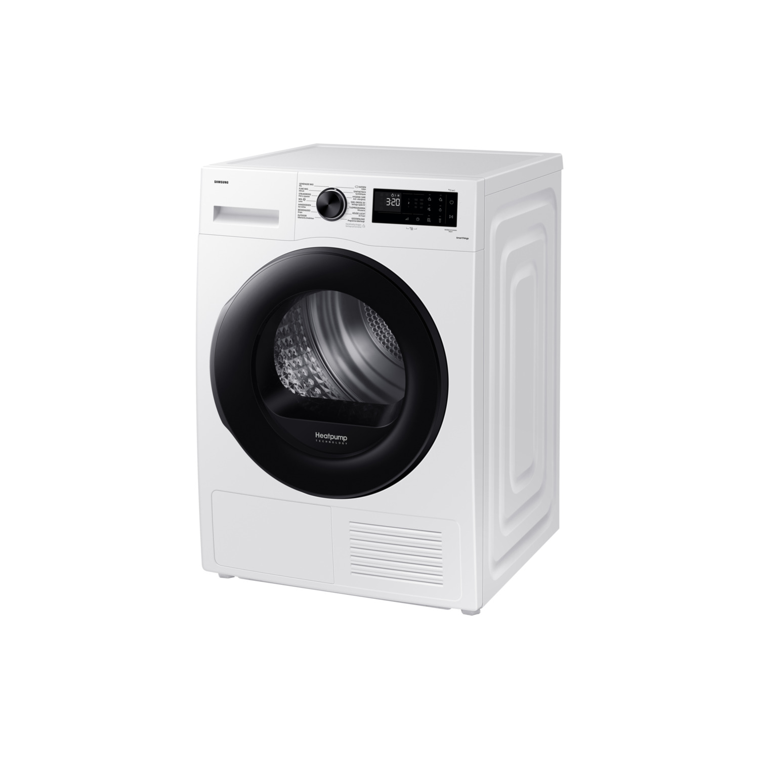 Lave-linge blanc avec porte noire, sur fond blanc, vue en angle.