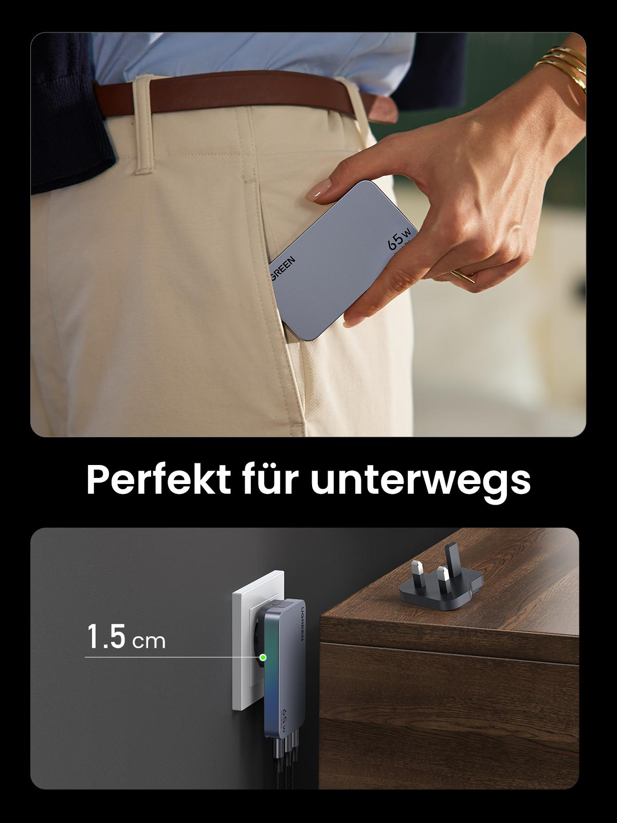 Ein UGREEN-Gerät in einer Tasche und ein weiteres auf einem Holztisch. 1,5 cm Größe.