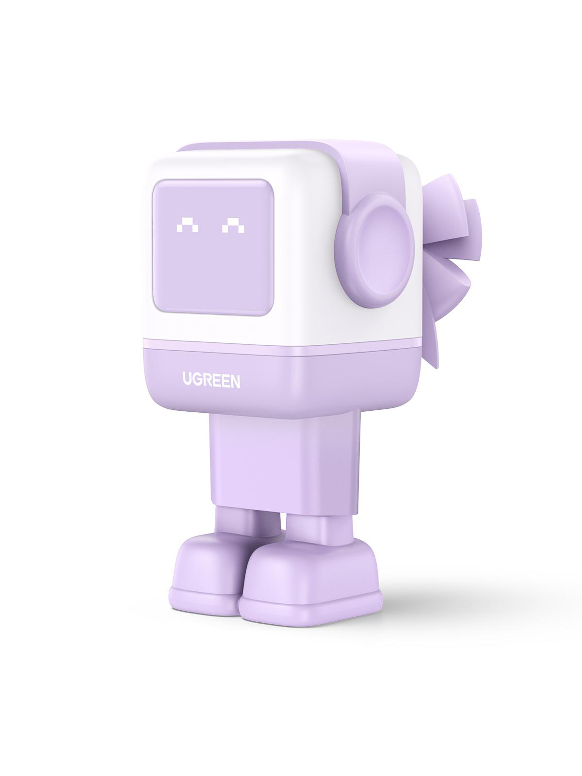 Kleines, violettes Roboter-Spielzeug mit weißem Gesicht, Schleife, Beinen und Füßen. Weißer Hintergrund.