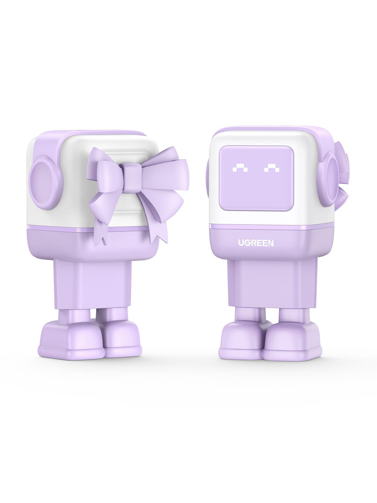 Zwei violette Roboter-Spielzeuge. Einer nach vorne, einer mit Schleife. Weiße Gesichter und UGREEN Logo.