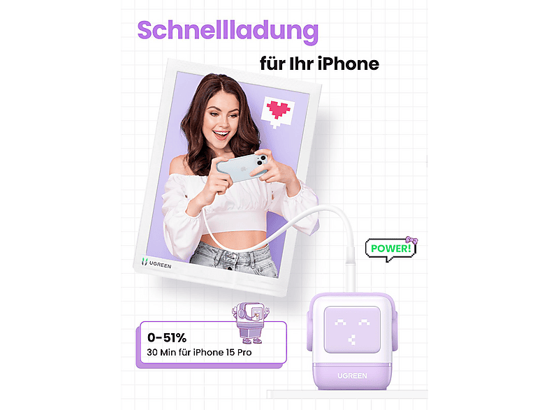 Thumbnail - UGREEN Uno RG 65W 3-Port GaN Fast Charger EU Wall Universal, Pink