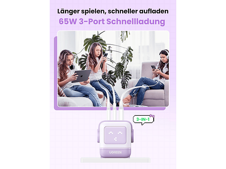 UGREEN Uno RG 65W 3-Port GaN Fast Charger EU Wall Universal, Pink