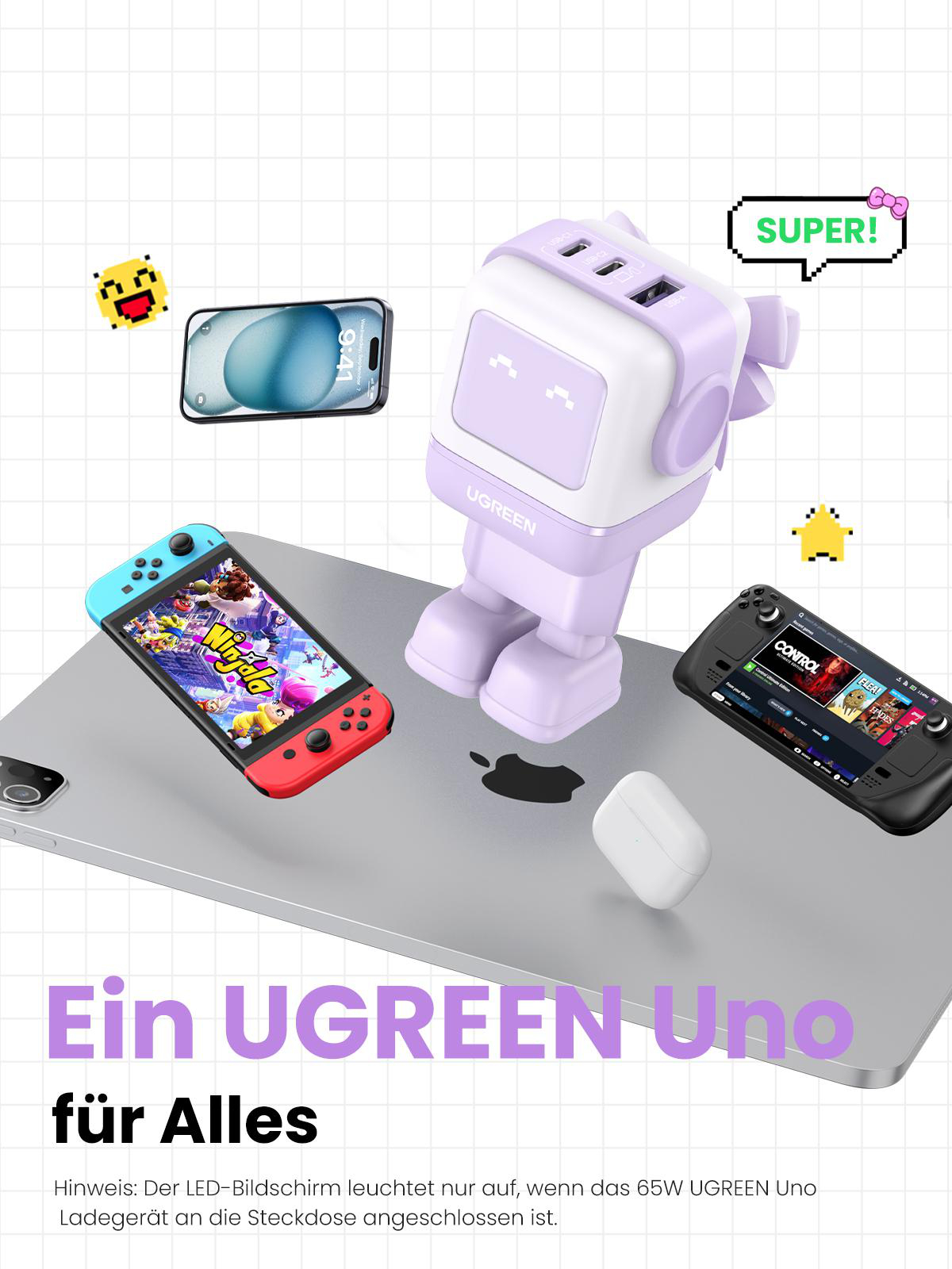 Roboterförmiges Ladegerät mit Geräten: Telefon, Switch, Steam Deck, Ohrhörer.