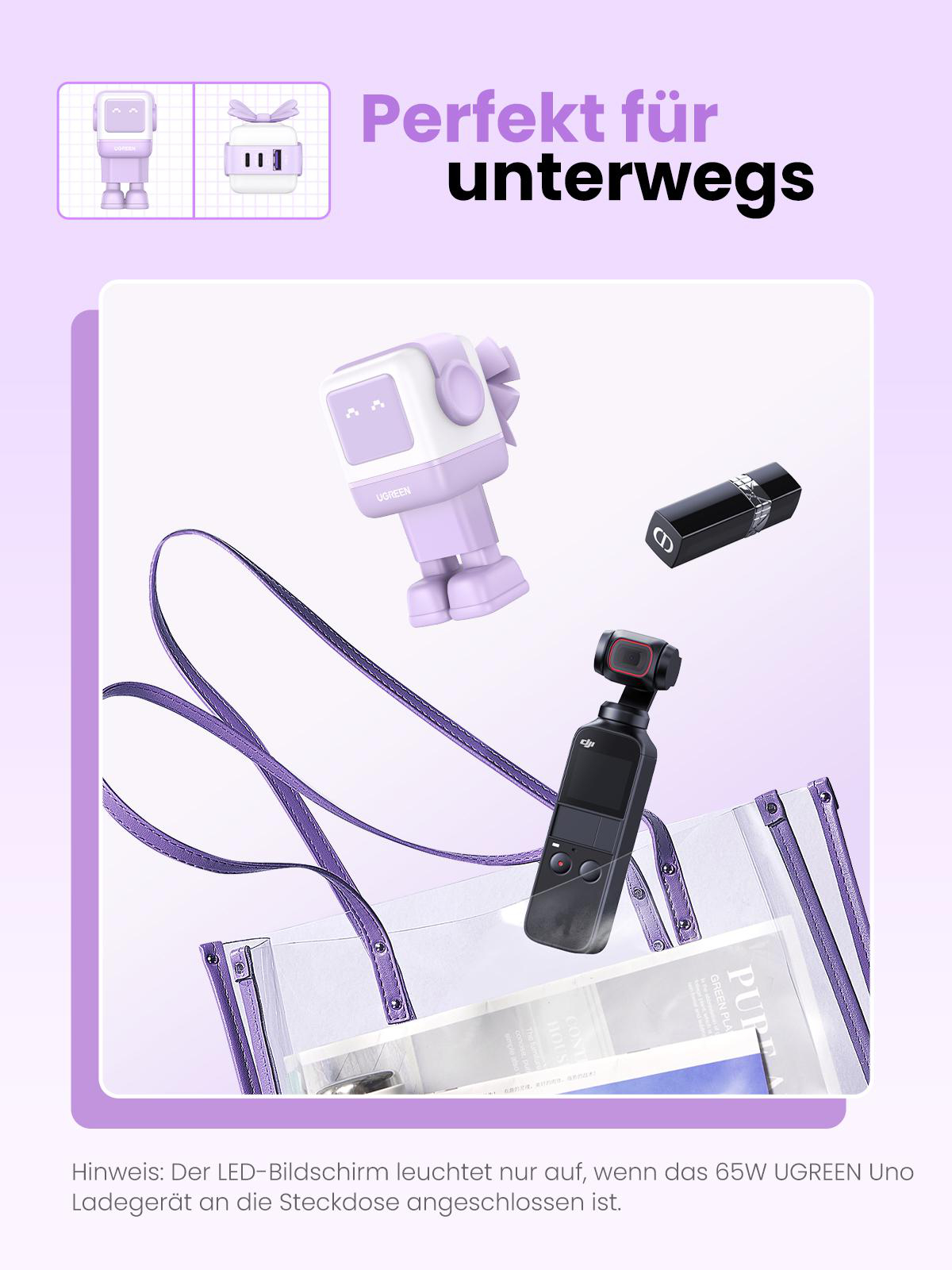 Roboter-Spielzeug, Lippenstift, Kamera und Zubehör in einer transparenten Tasche. Text: Perfekt für unterwegs.