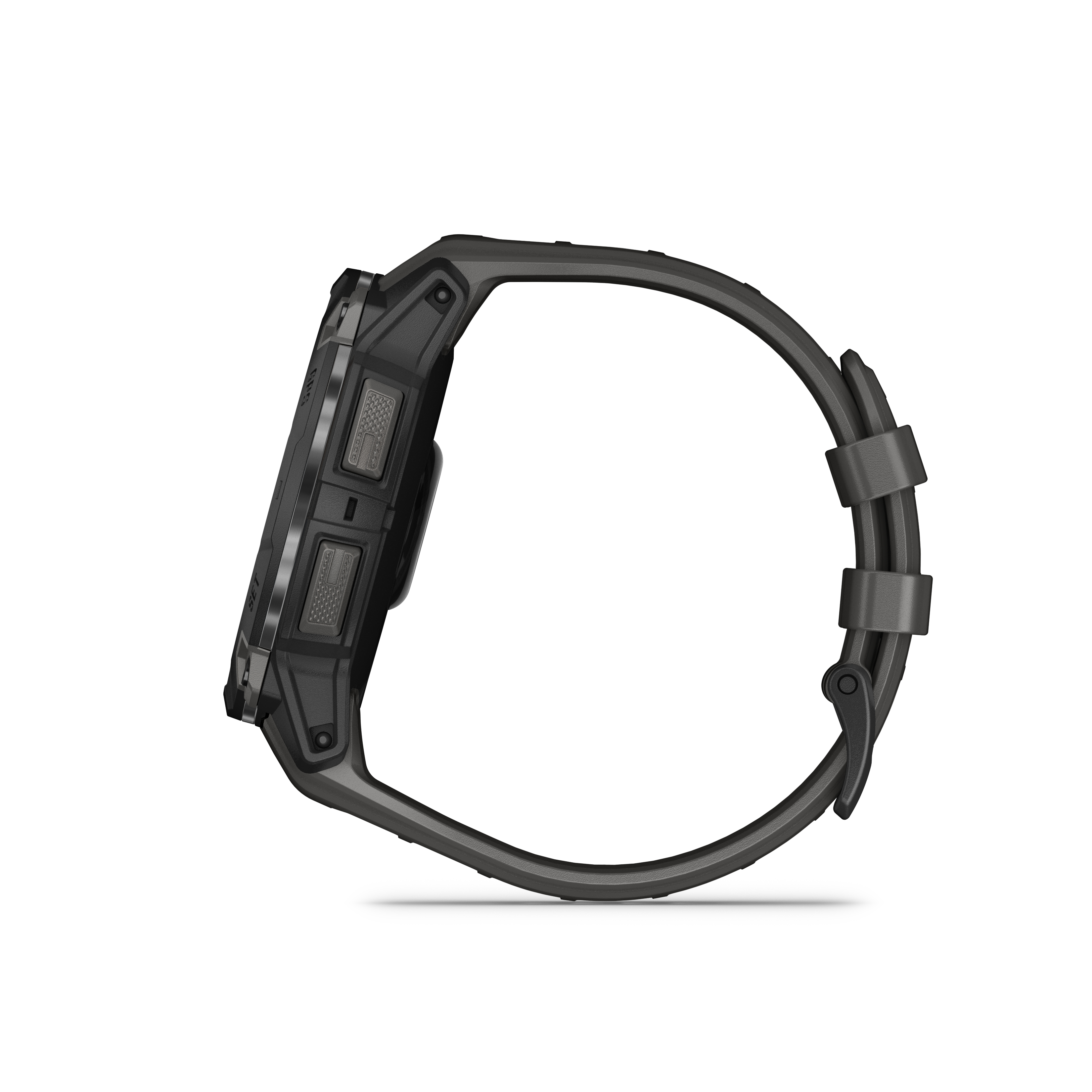 Seitenansicht einer Garmin Smartwatch. Die Uhr ist grau mit schwarzem Armband, vor weißem Hintergrund.