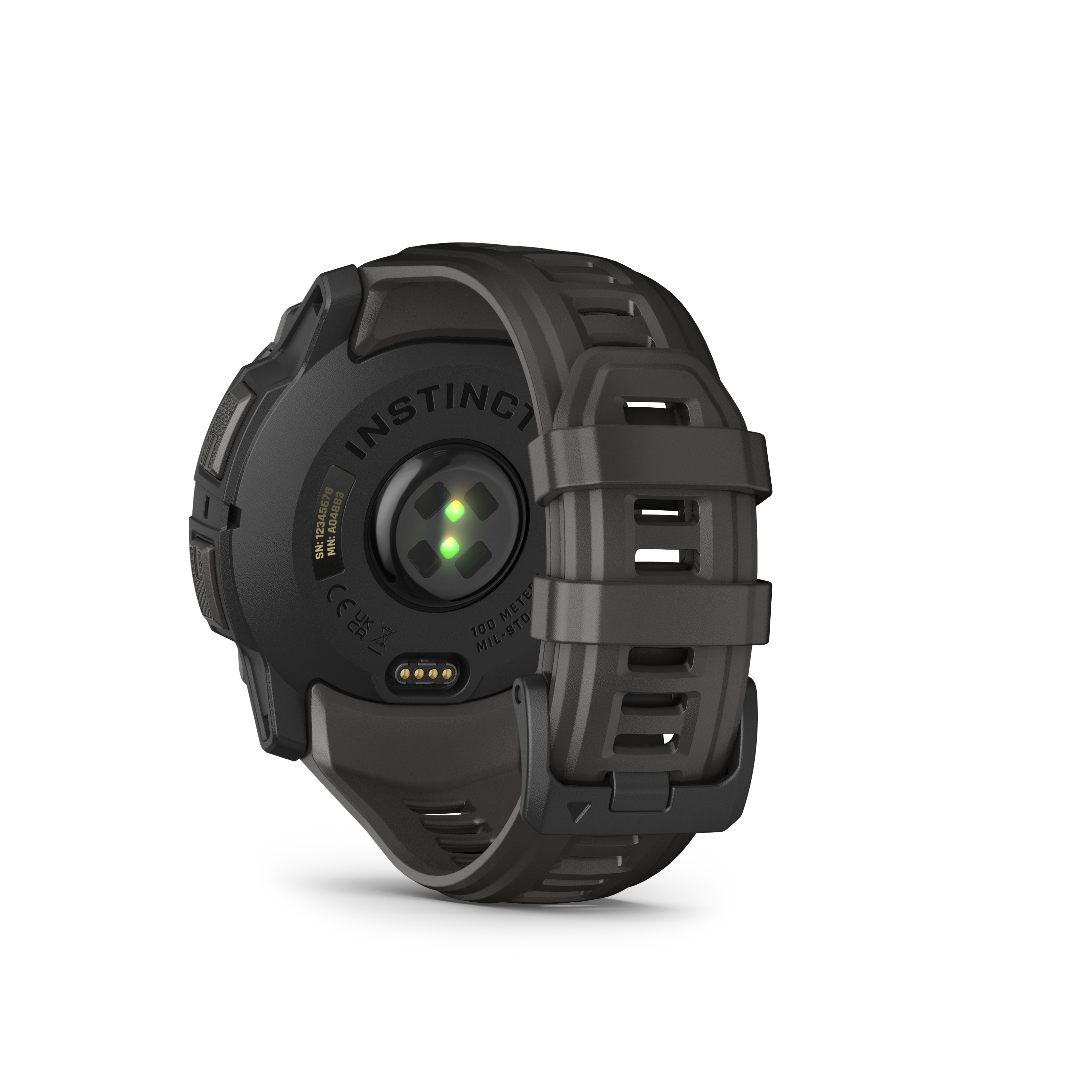 Rückseite einer Garmin Instinct Smartwatch mit Herzfrequenzsensor.