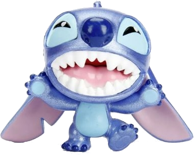Blaue Stitch-Figur mit offenem Mund und ausgebreiteten Armen.