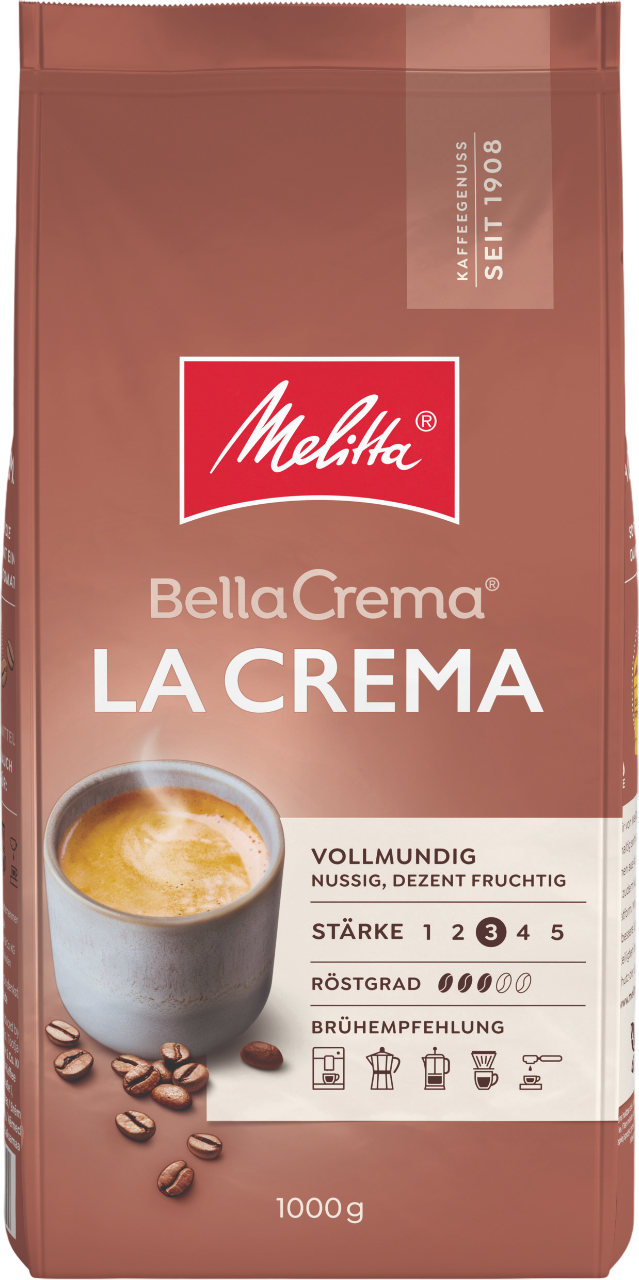 Kaffeepackung mit Melitta Bella Crema La Crema Branding. Kaffeetasse mit Kaffeebohnen.
