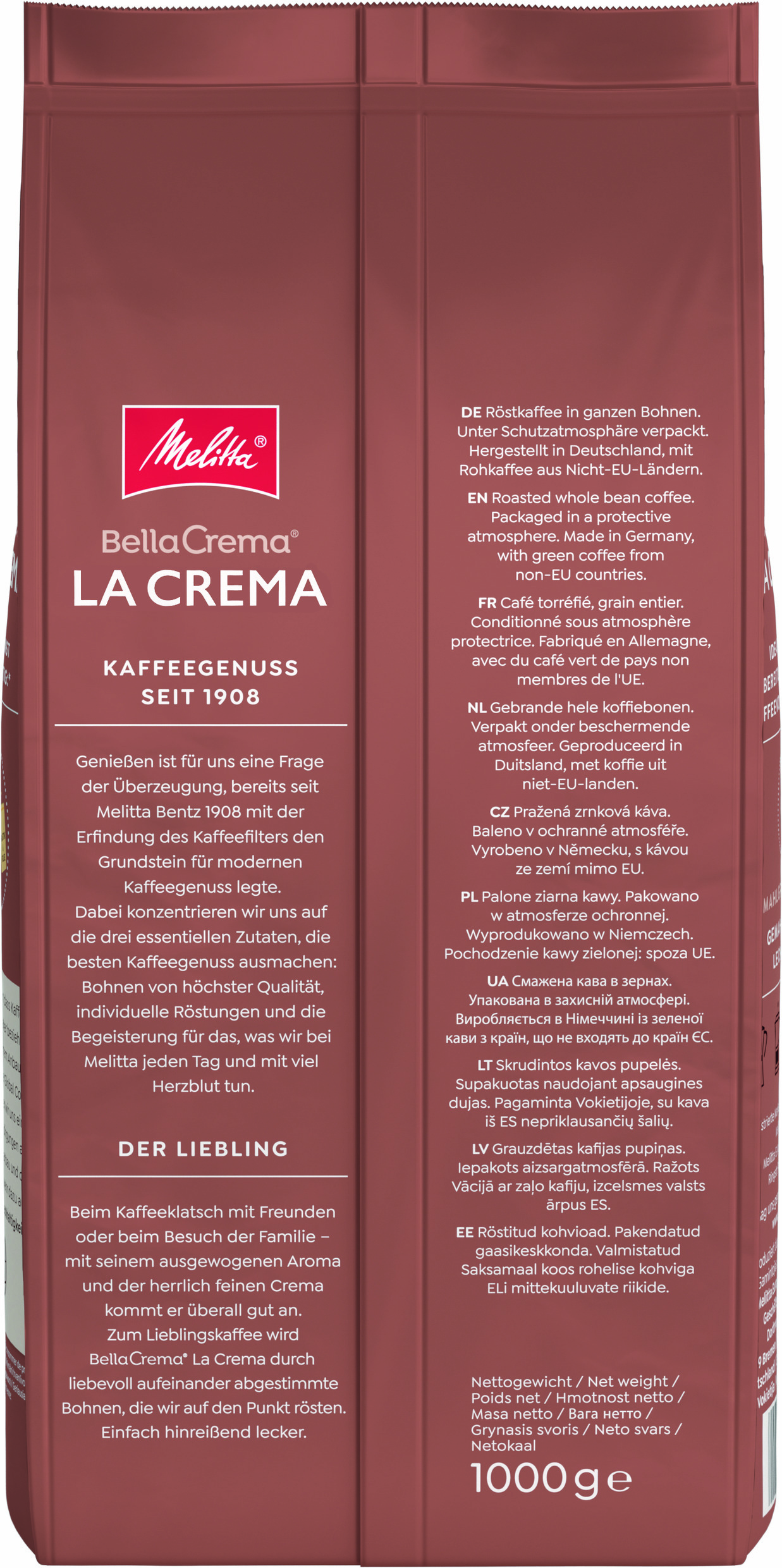 Kaffeepackung mit Text in deutscher Sprache und Melitta Bella Crema Logo.