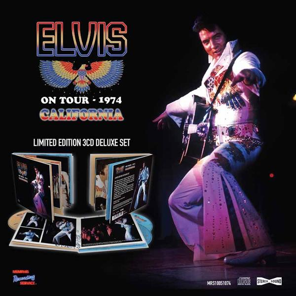 Elvis auf der Bühne, hält eine Gitarre, mit Text: 'Elvis On Tour - 1974 California'.