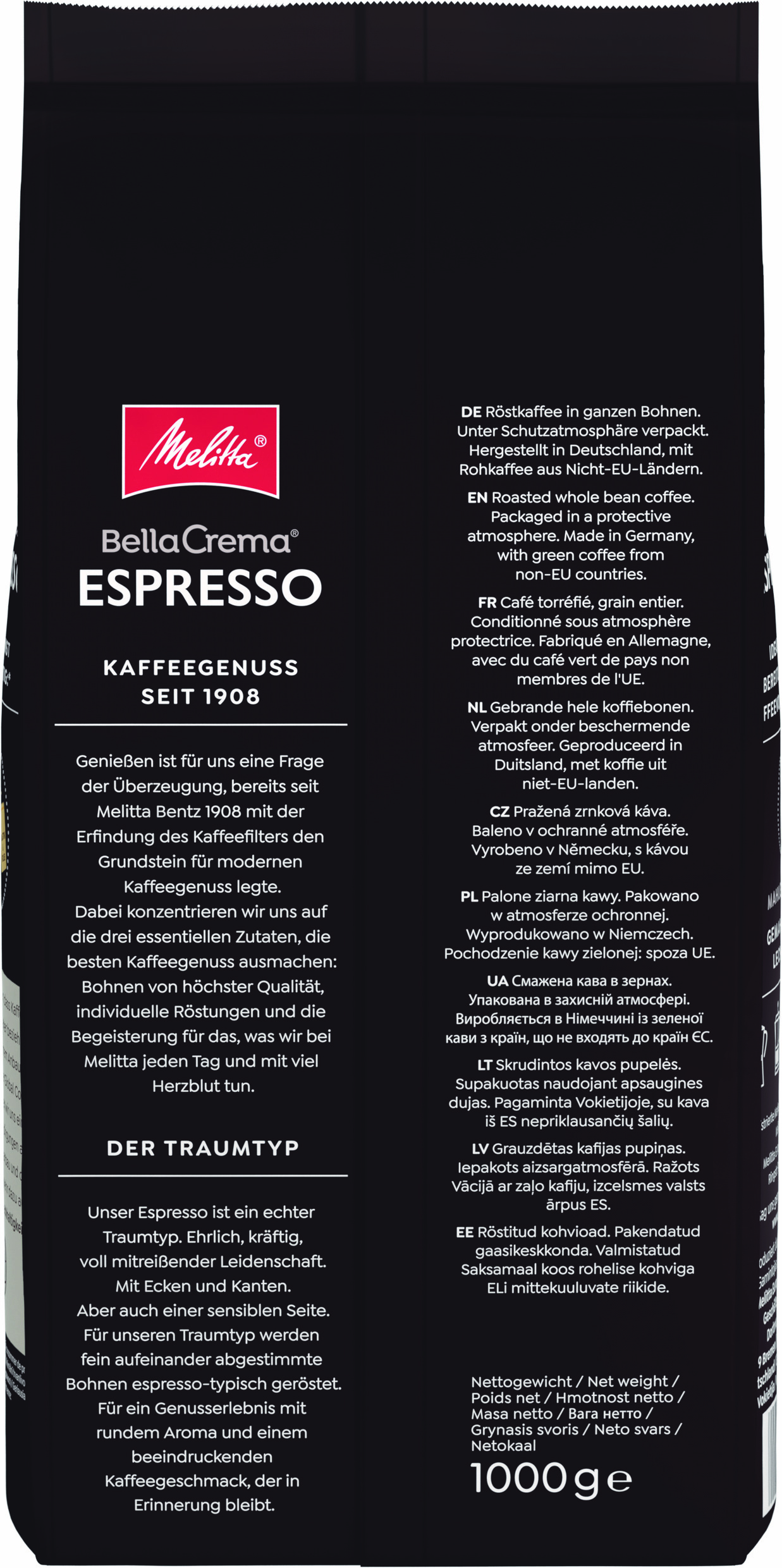 Kaffeepackung mit Text. Rotes Logo oben. Text in mehreren Sprachen, einschließlich Englisch, und ein Kaffeebild.