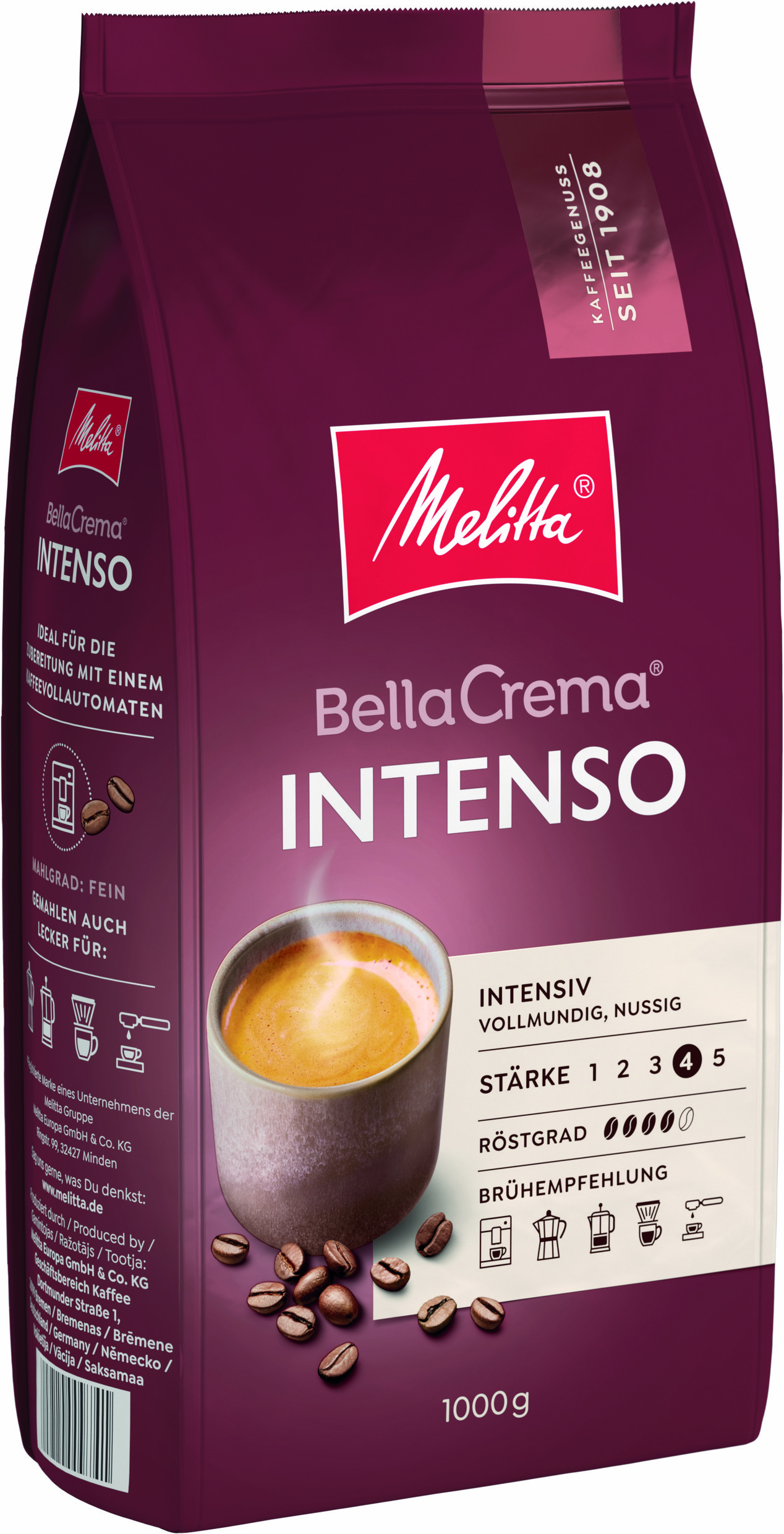 Eine Tüte Kaffeebohnen mit einer Tasse Kaffee. Text: Bella Crema Intenso. Röstintensitätsskala.