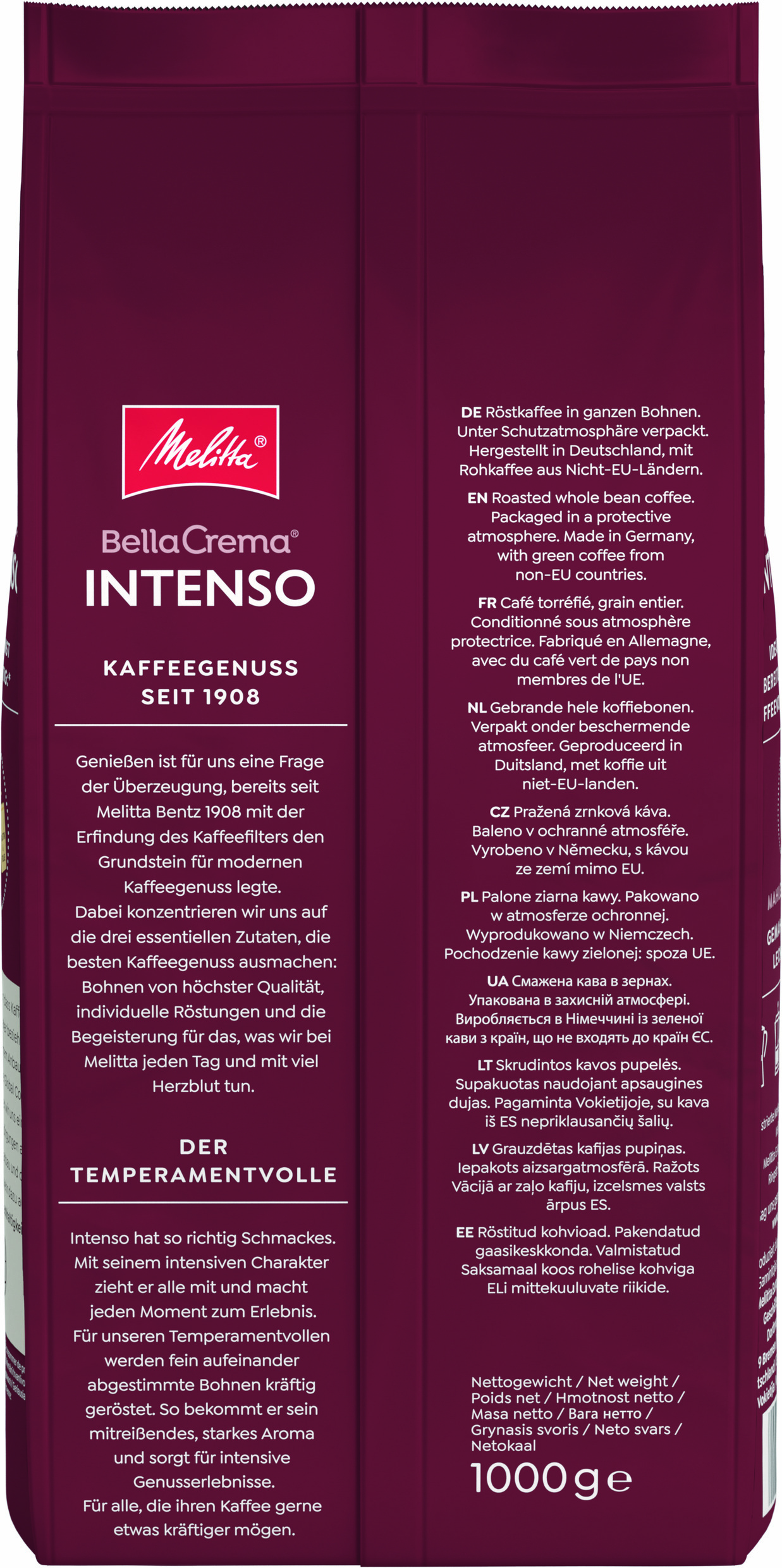 Kaffeebohnenbeutel mit Text in mehreren Sprachen.