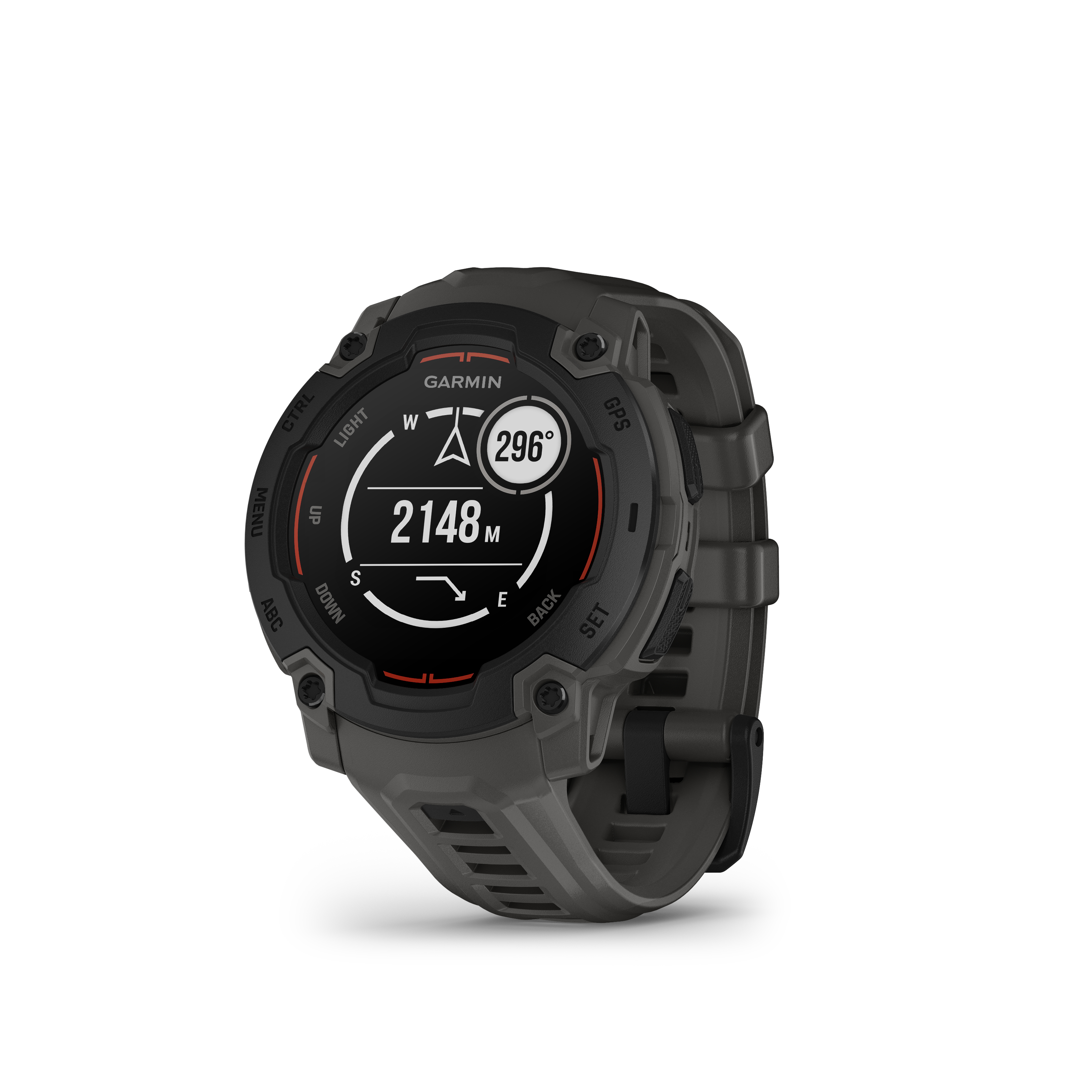 Graue Garmin-Uhr mit schwarzem Armband, zeigt Höhe und Kompass auf dem Bildschirm, weißer Hintergrund.