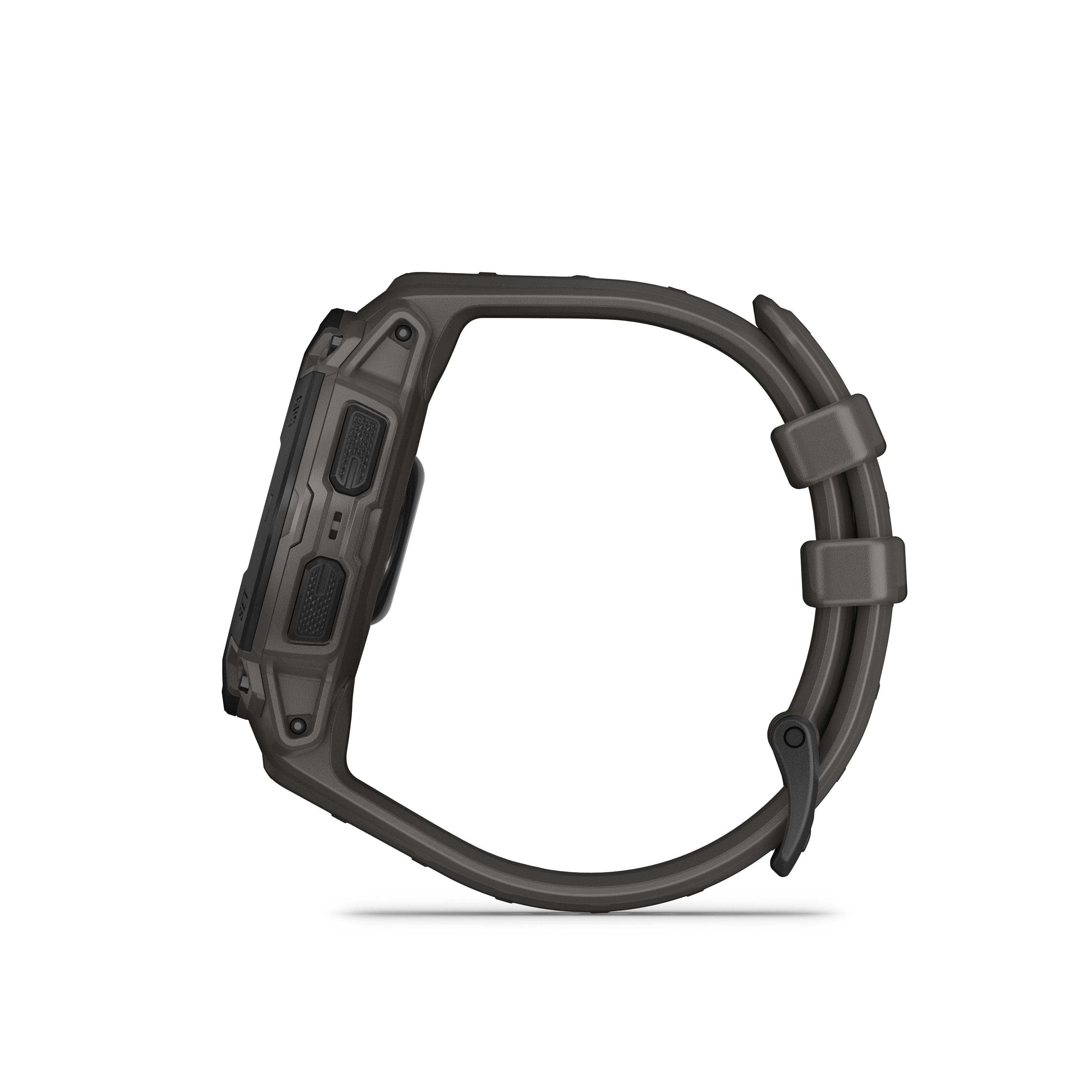 Seitenansicht einer Garmin Smartwatch. Die Uhr ist grau mit schwarzem Armband vor weißem Hintergrund.