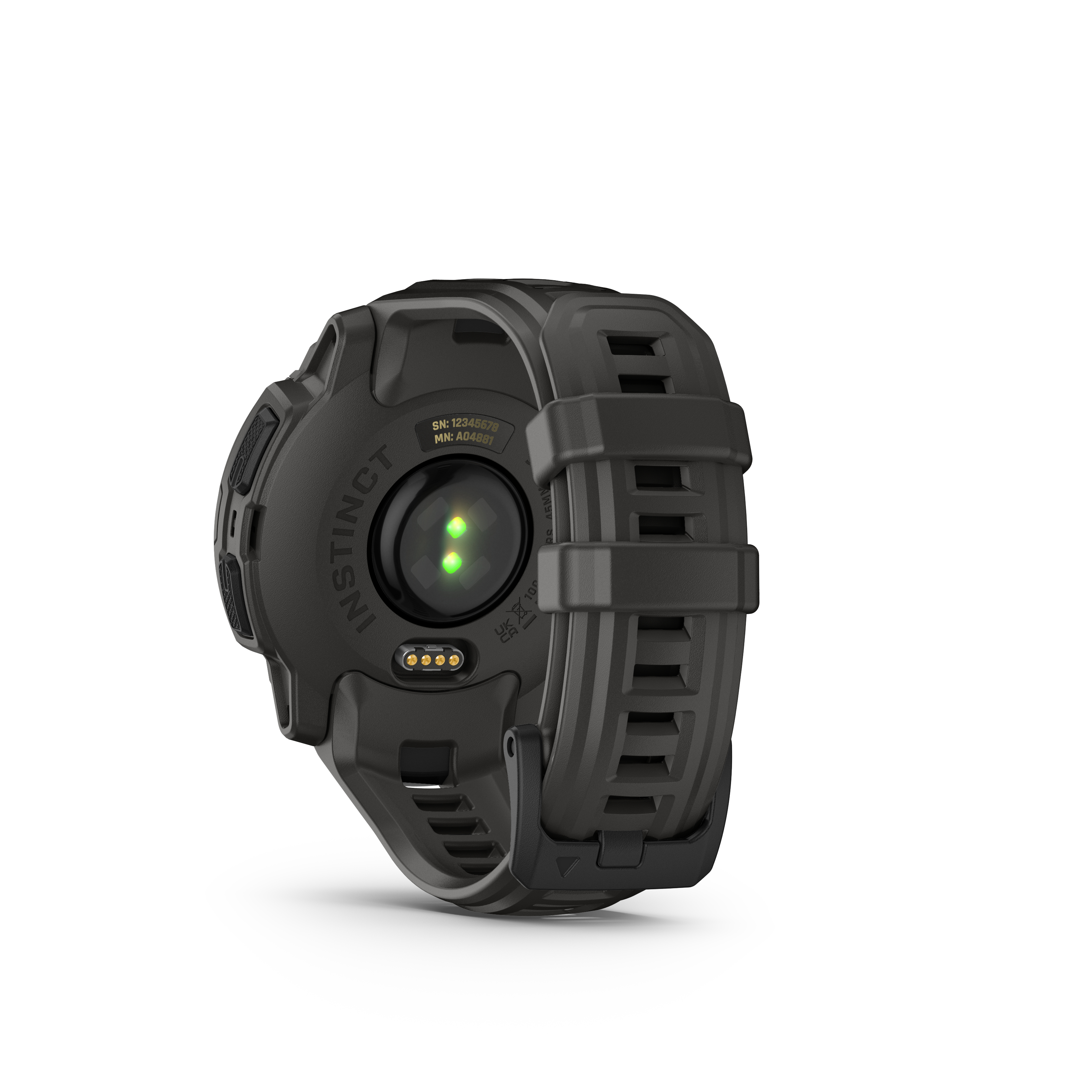 Schwarze Garmin Instinct Uhr, Rückansicht, mit Herzfrequenzsensor und Armbändern.